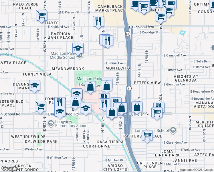 map of restaurants, bars, coffee shops, grocery stores, and more near 4249 North 16th Street in Phoenix
