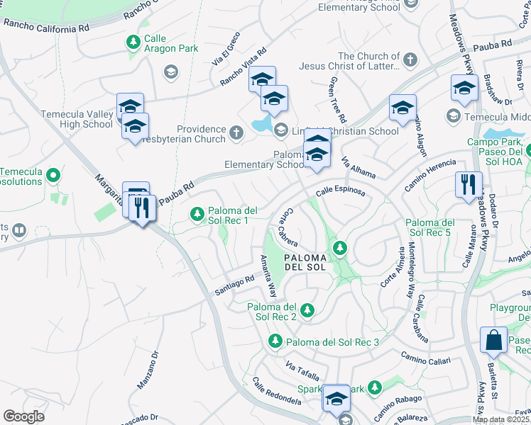 map of restaurants, bars, coffee shops, grocery stores, and more near 31777 Vía Campanario in Temecula