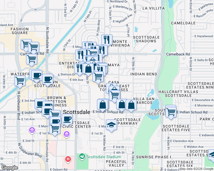 map of restaurants, bars, coffee shops, grocery stores, and more near 4273 North Miller Road in Scottsdale