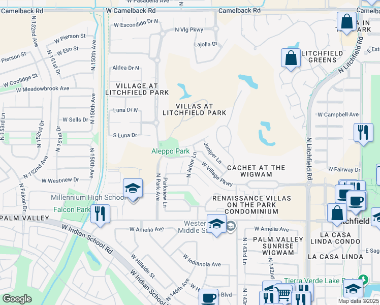 map of restaurants, bars, coffee shops, grocery stores, and more near 887 West Palo Brea in Litchfield Park