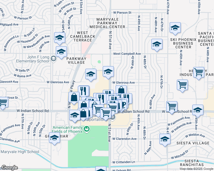 map of restaurants, bars, coffee shops, grocery stores, and more near 4222 North 51st Avenue in Phoenix