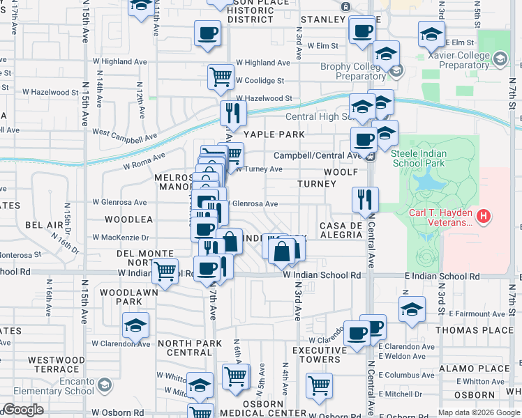 map of restaurants, bars, coffee shops, grocery stores, and more near 418 West Monterosa Street in Phoenix