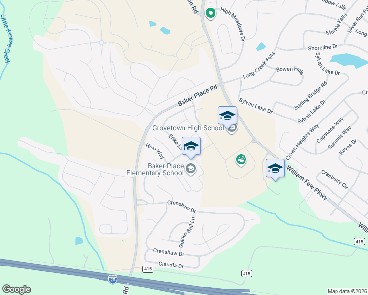 map of restaurants, bars, coffee shops, grocery stores, and more near 823 Erika Lane in Grovetown