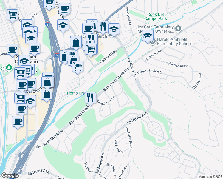map of restaurants, bars, coffee shops, grocery stores, and more near 31991 Via La Plata in San Juan Capistrano