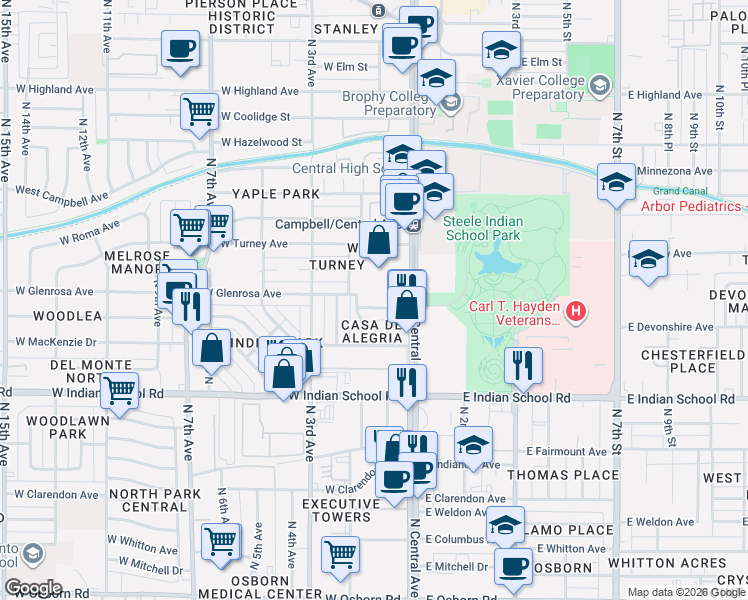 map of restaurants, bars, coffee shops, grocery stores, and more near 114 West Glenrosa Avenue in Phoenix