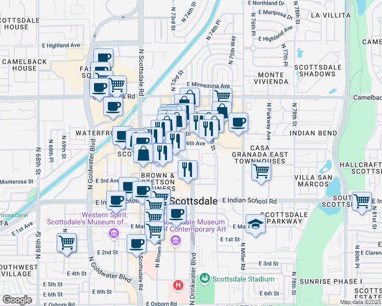 map of restaurants, bars, coffee shops, grocery stores, and more near 4245 North Drinkwater Boulevard in Scottsdale
