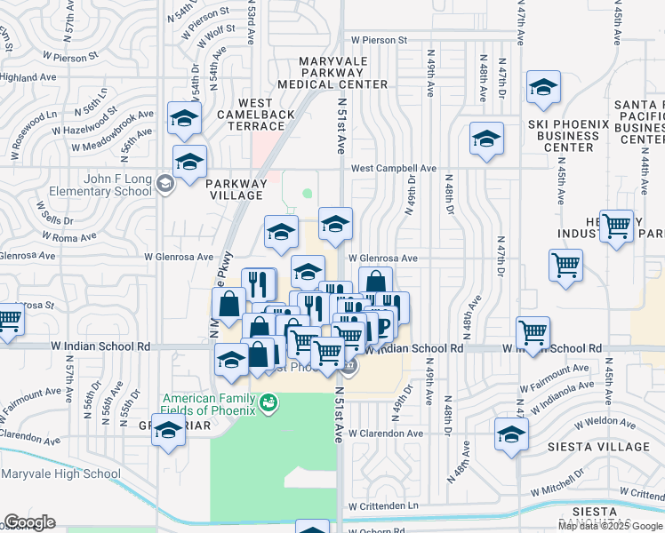 map of restaurants, bars, coffee shops, grocery stores, and more near 4242 North 51st Avenue in Phoenix