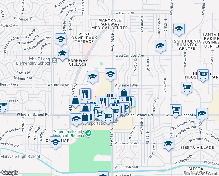 map of restaurants, bars, coffee shops, grocery stores, and more near 4242 North 51st Avenue in Phoenix