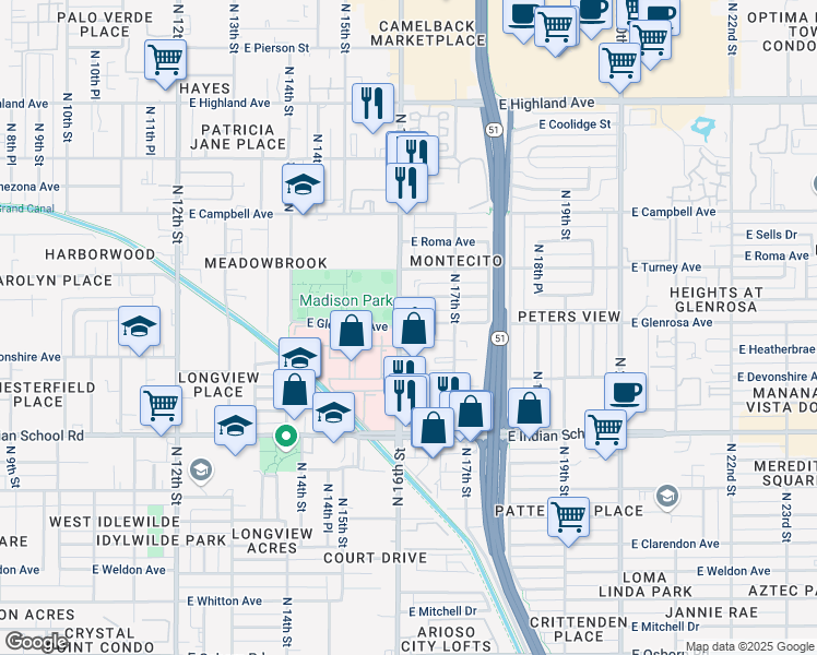 map of restaurants, bars, coffee shops, grocery stores, and more near 4249 North 16th Street in Phoenix