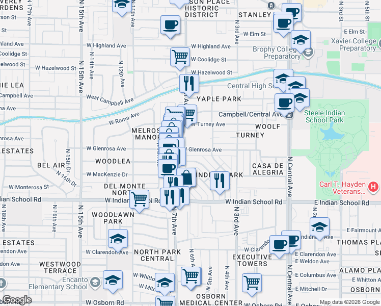 map of restaurants, bars, coffee shops, grocery stores, and more near 4235 4th Avenue Northwest in Phoenix