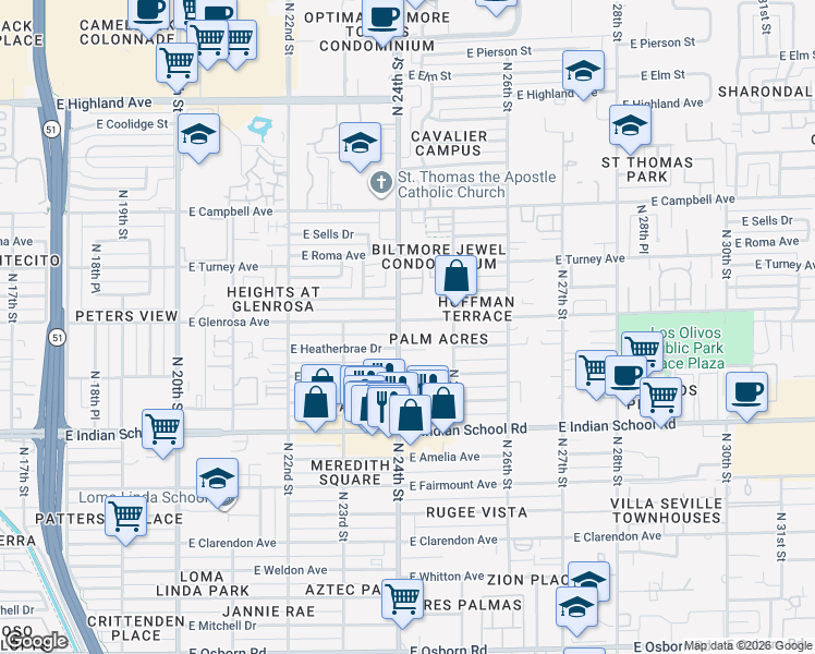 map of restaurants, bars, coffee shops, grocery stores, and more near 4301 North 24th Street in Phoenix