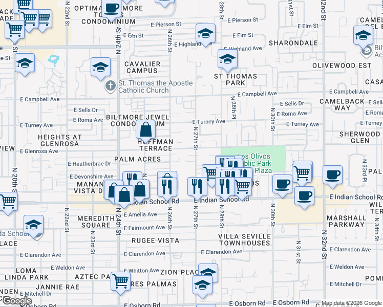 map of restaurants, bars, coffee shops, grocery stores, and more near in Phoenix