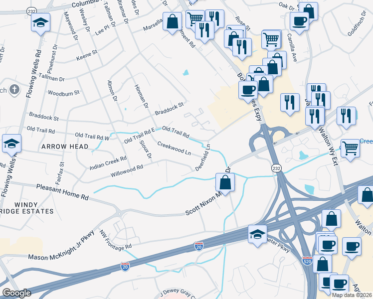 map of restaurants, bars, coffee shops, grocery stores, and more near 3911 Creekwood Lane in Augusta