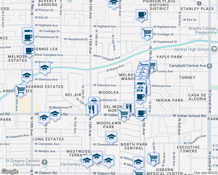 map of restaurants, bars, coffee shops, grocery stores, and more near in Phoenix