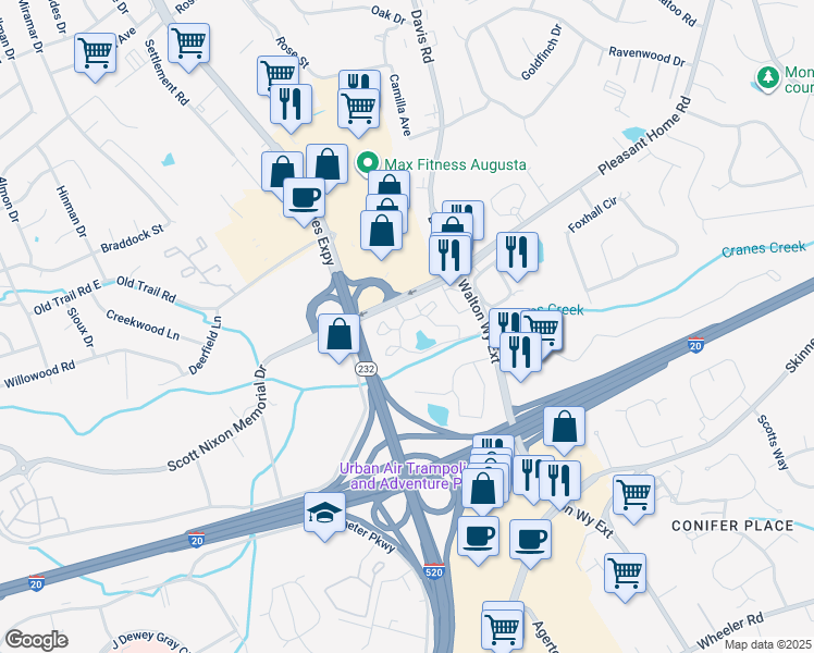 map of restaurants, bars, coffee shops, grocery stores, and more near 2319 Spring House Lane in Augusta