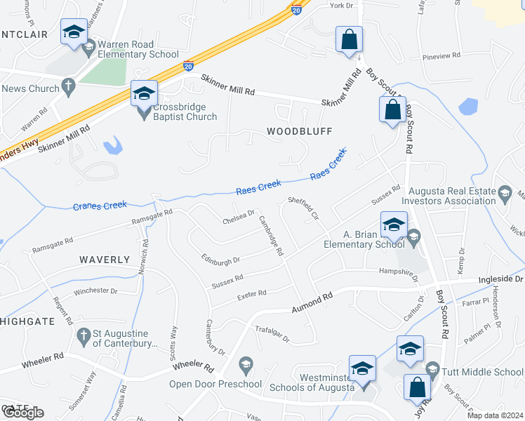 map of restaurants, bars, coffee shops, grocery stores, and more near 516 Cambridge Road in Augusta
