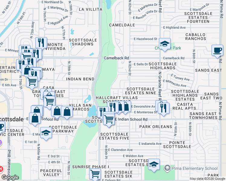 map of restaurants, bars, coffee shops, grocery stores, and more near 4289 North Hayden Road in Scottsdale