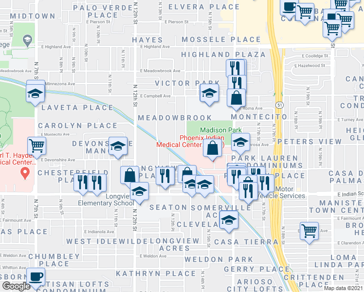 map of restaurants, bars, coffee shops, grocery stores, and more near 4236 North 14th Street in Phoenix