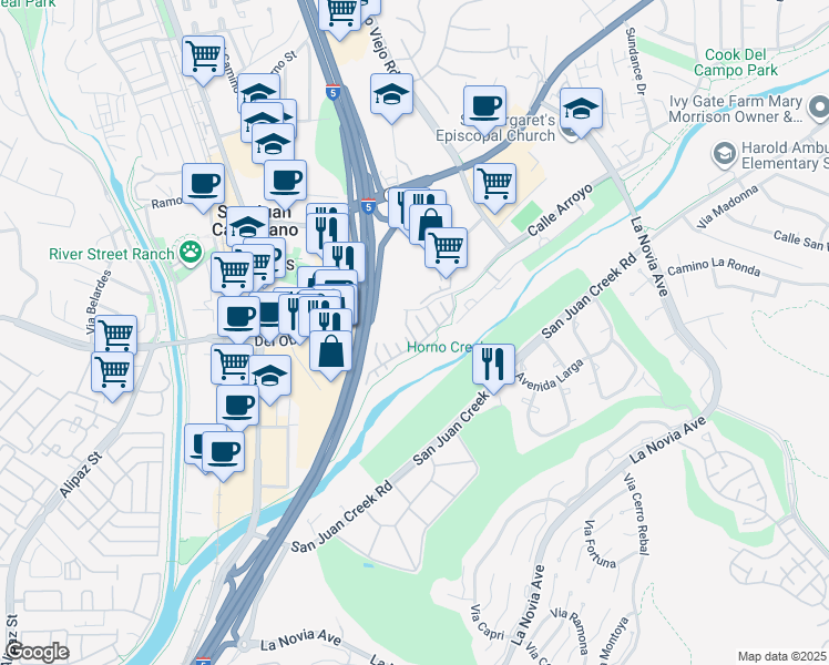 map of restaurants, bars, coffee shops, grocery stores, and more near 31980 Via Refrescar in San Juan Capistrano