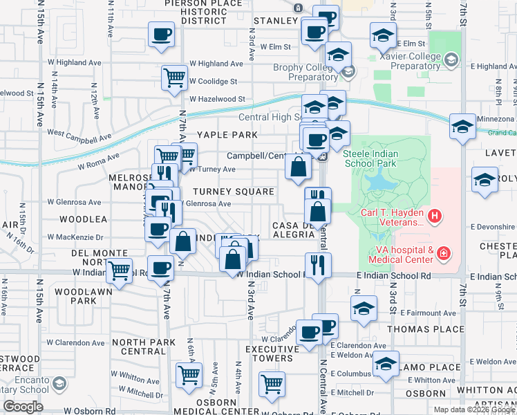 map of restaurants, bars, coffee shops, grocery stores, and more near 4233 North 2nd Drive in Phoenix