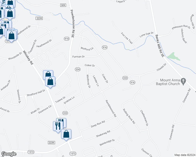 map of restaurants, bars, coffee shops, grocery stores, and more near 14 Lander Lane in Aiken