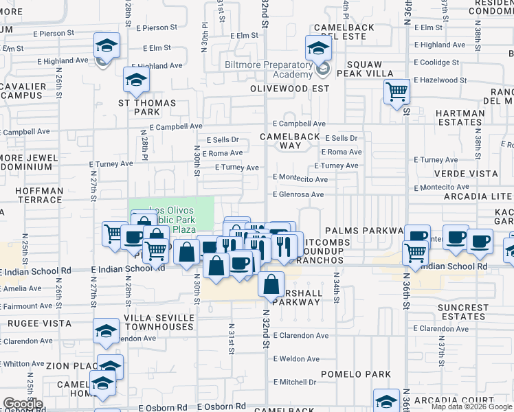 map of restaurants, bars, coffee shops, grocery stores, and more near 3161 East Glenrosa Avenue in Phoenix