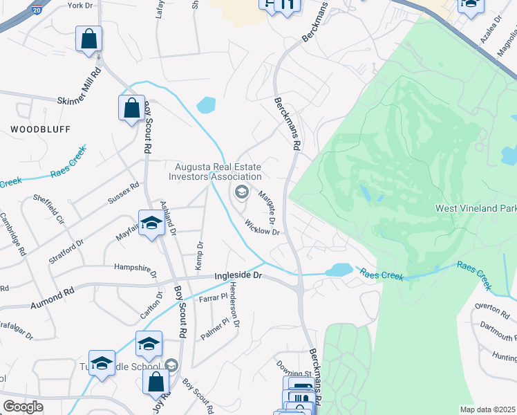 map of restaurants, bars, coffee shops, grocery stores, and more near 2712 Margate Drive in Augusta