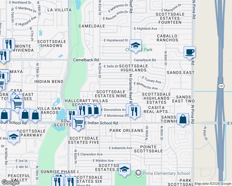 map of restaurants, bars, coffee shops, grocery stores, and more near 8240 East Heatherbrae Avenue in Scottsdale