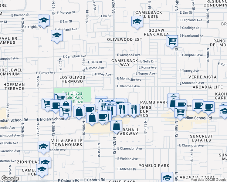 map of restaurants, bars, coffee shops, grocery stores, and more near 4227 North 32nd Street in Phoenix