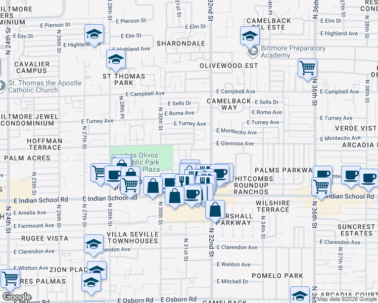 map of restaurants, bars, coffee shops, grocery stores, and more near 4231 North 31st Street in Phoenix