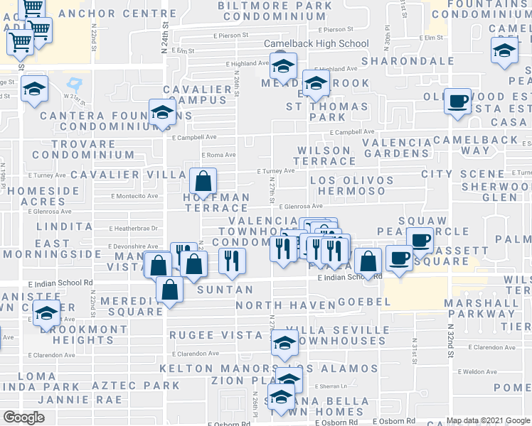 map of restaurants, bars, coffee shops, grocery stores, and more near in Phoenix