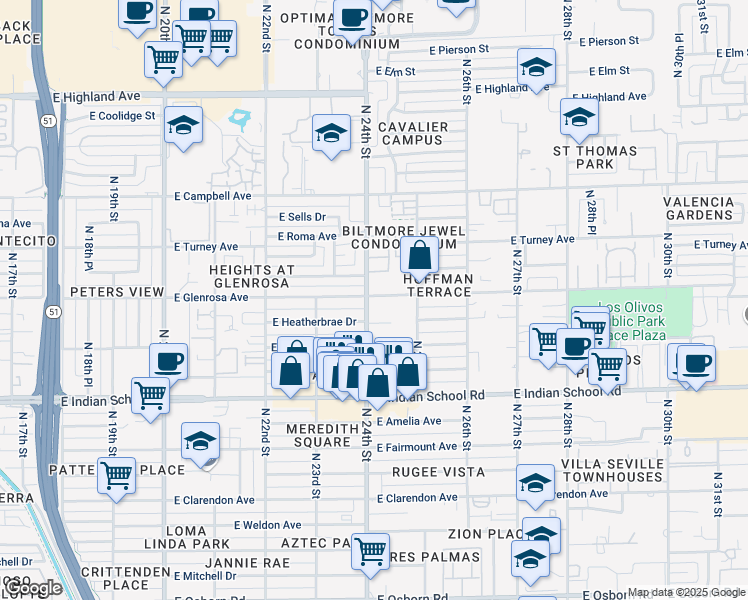 map of restaurants, bars, coffee shops, grocery stores, and more near in Phoenix