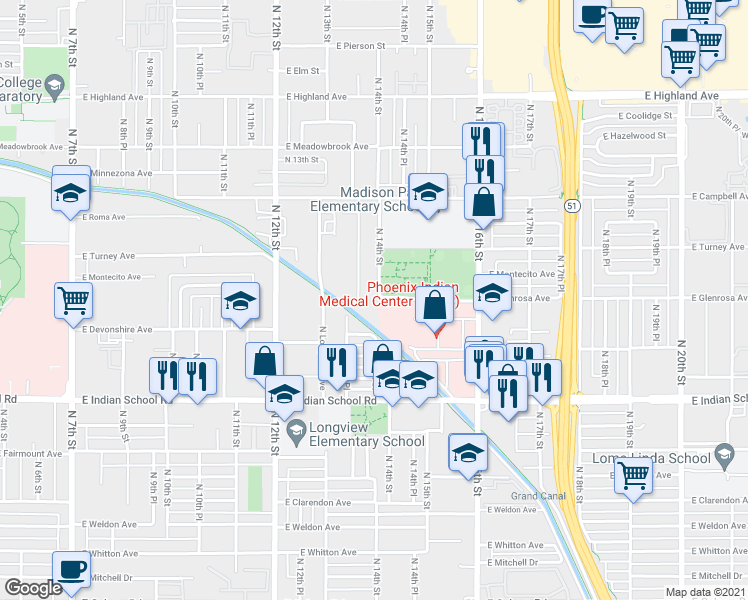 map of restaurants, bars, coffee shops, grocery stores, and more near 4236 North 14th Street in Phoenix