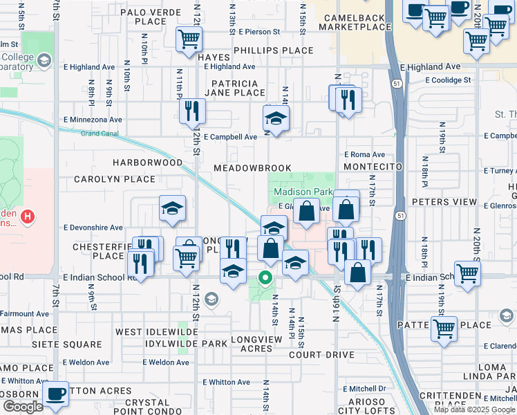 map of restaurants, bars, coffee shops, grocery stores, and more near 4302 North 13th Place in Phoenix