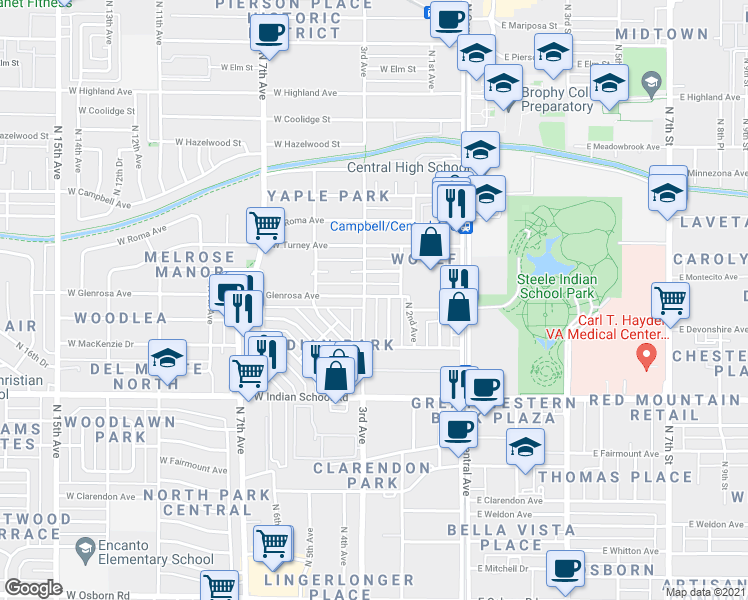 map of restaurants, bars, coffee shops, grocery stores, and more near 4233 North 2nd Drive in Phoenix