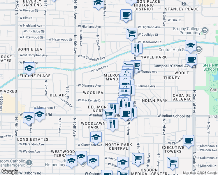 map of restaurants, bars, coffee shops, grocery stores, and more near 928 West Heatherbrae Drive in Phoenix