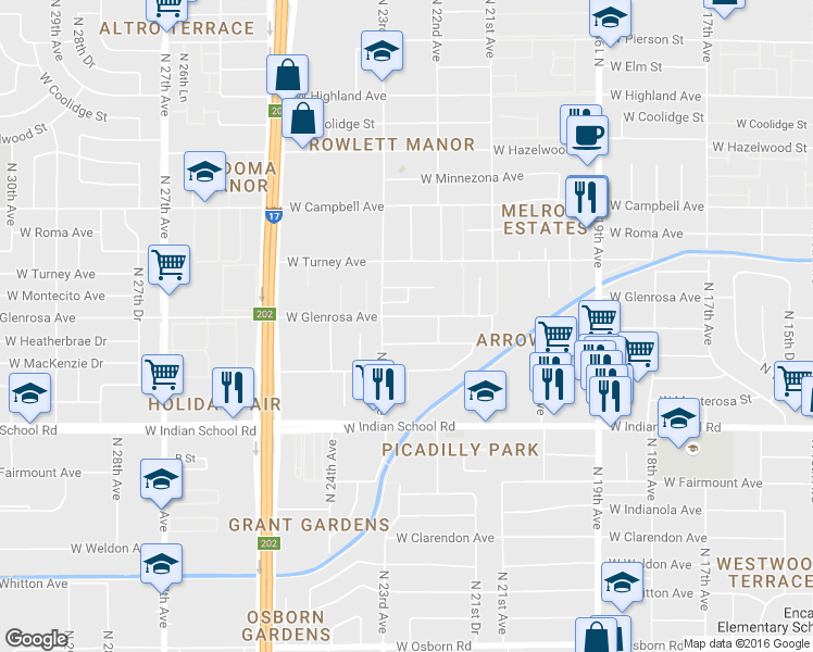 map of restaurants, bars, coffee shops, grocery stores, and more near 2214 West Heatherbrae Drive in Phoenix