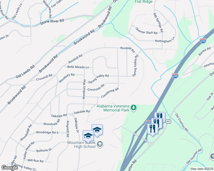 map of restaurants, bars, coffee shops, grocery stores, and more near 3653 Crestside Road in Birmingham