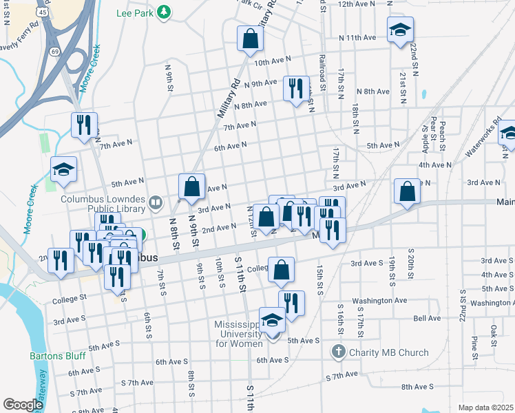 map of restaurants, bars, coffee shops, grocery stores, and more near 201 13th Street North in Columbus