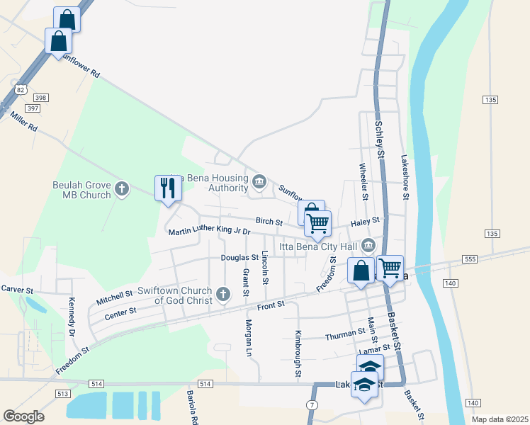 map of restaurants, bars, coffee shops, grocery stores, and more near 244-298 Birch Street in Itta Bena