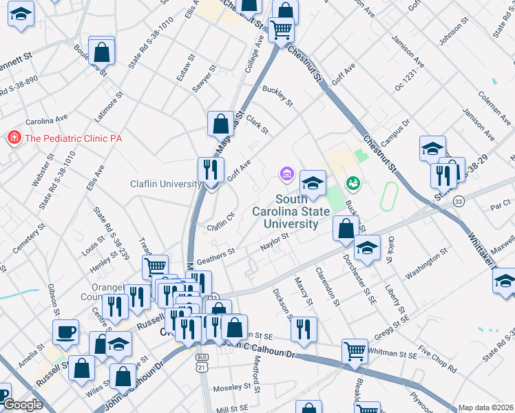 map of restaurants, bars, coffee shops, grocery stores, and more near 300 College Avenue in Orangeburg