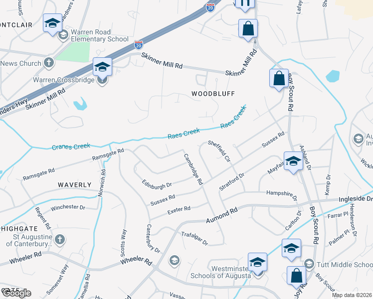 map of restaurants, bars, coffee shops, grocery stores, and more near 516 Cambridge Road in Augusta