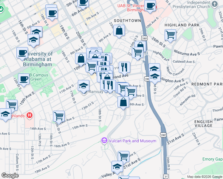map of restaurants, bars, coffee shops, grocery stores, and more near 1301 20th Street South in Birmingham
