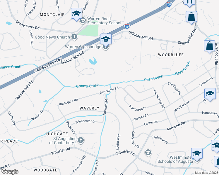 map of restaurants, bars, coffee shops, grocery stores, and more near 3207 Ramsgate Road in Augusta