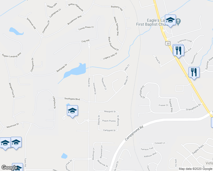 map of restaurants, bars, coffee shops, grocery stores, and more near 423 Heathcliff Court in McDonough