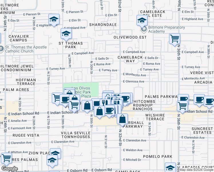 map of restaurants, bars, coffee shops, grocery stores, and more near 4231 North 31st Street in Phoenix