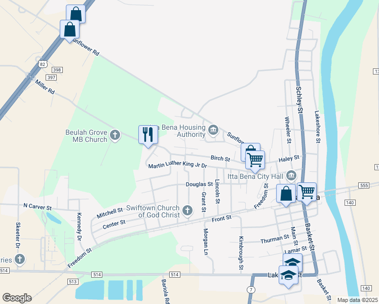 map of restaurants, bars, coffee shops, grocery stores, and more near 244 Birch Street in Itta Bena
