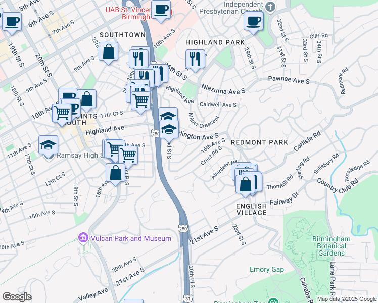 map of restaurants, bars, coffee shops, grocery stores, and more near 2426 Arlington Crescent in Birmingham