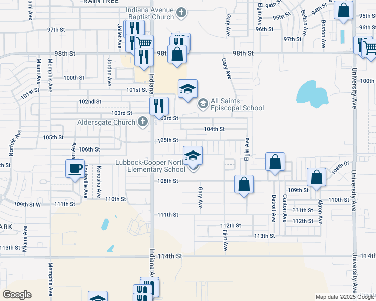 map of restaurants, bars, coffee shops, grocery stores, and more near 10510 Geneva Avenue in Lubbock