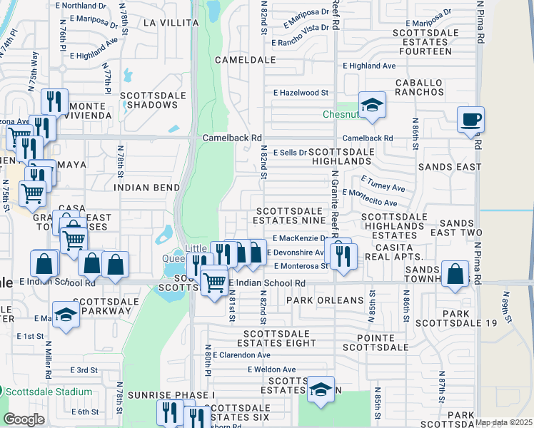 map of restaurants, bars, coffee shops, grocery stores, and more near 8204 East Heatherbrae Avenue in Scottsdale
